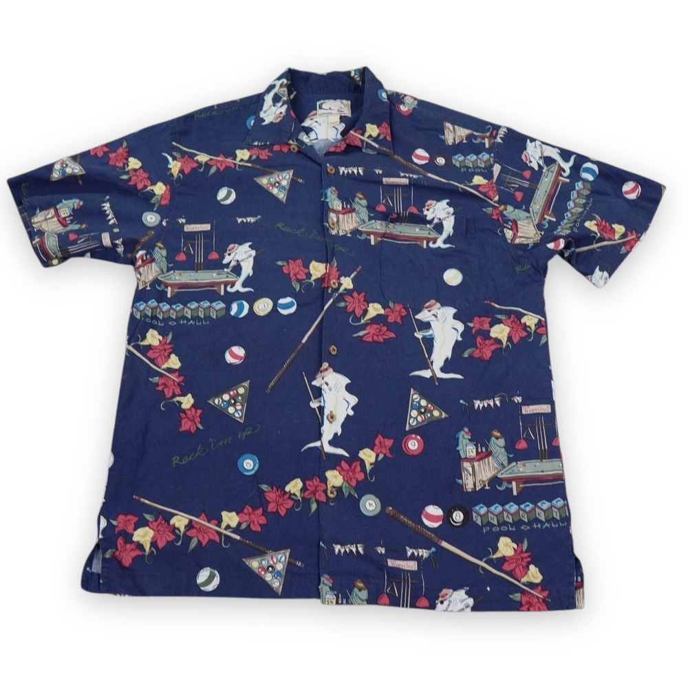 Blue Water Wear Hawaiian‎ Shirt Mens Extra Large Pool Hall Cigars Sharks Rack Em